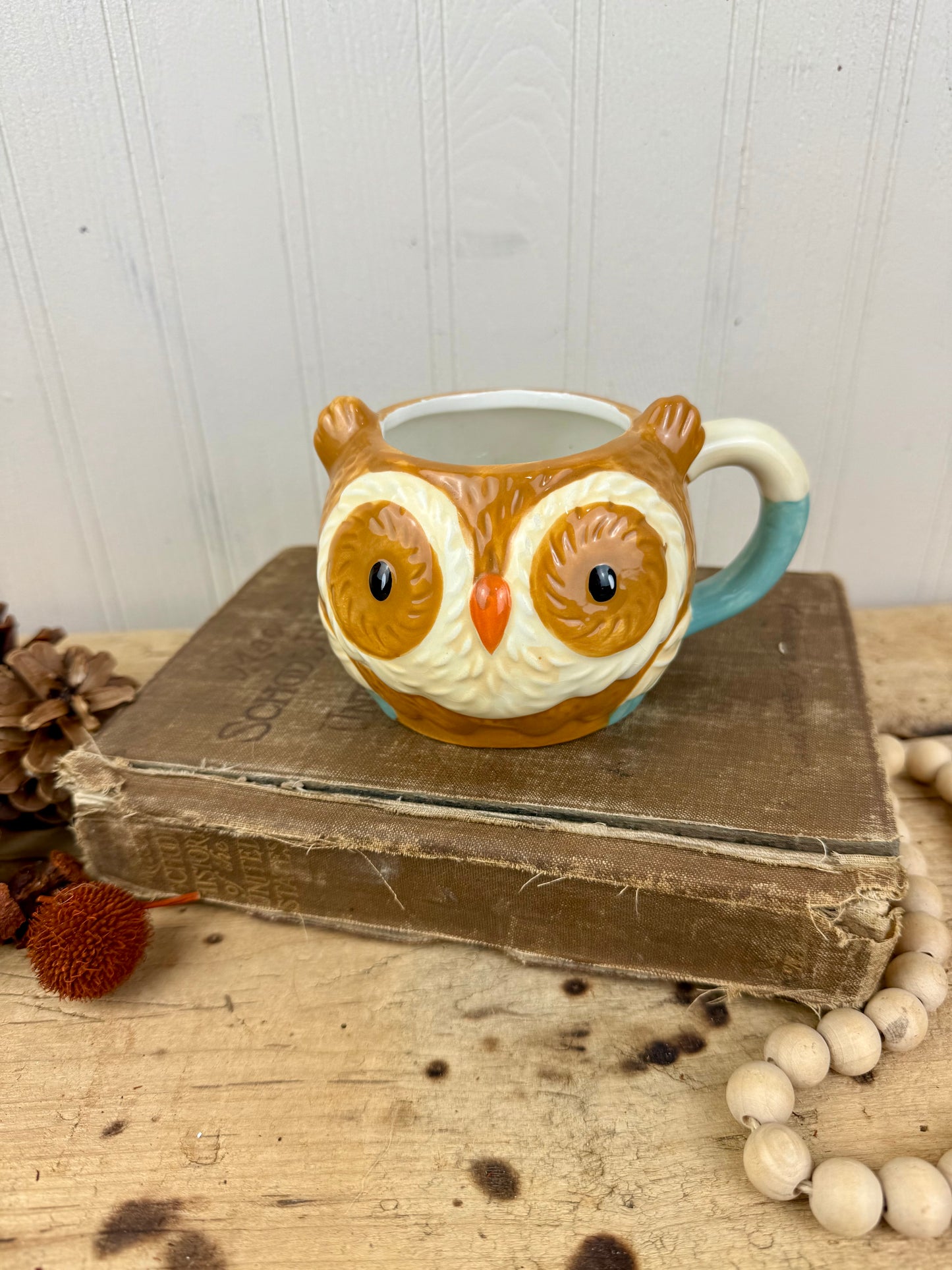 Retro Hand Painted Ceramic Owl Mug