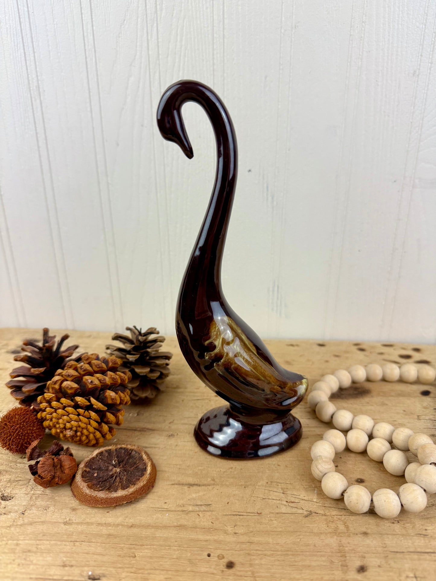 Vintage Enesco Redware Pottery Swan with Drip Glaze