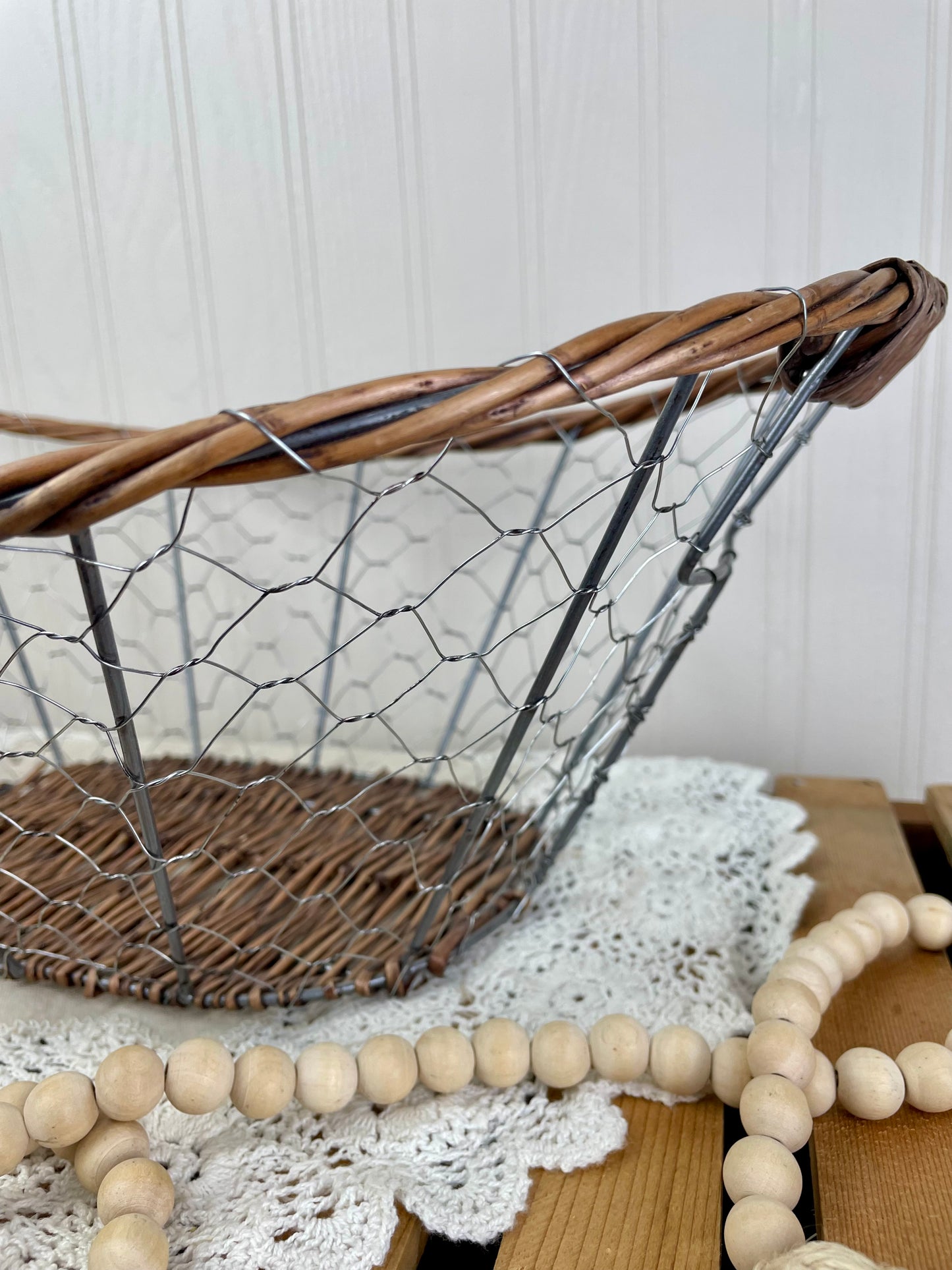 Vintage Chicken Wire & Wicker Storage Basket