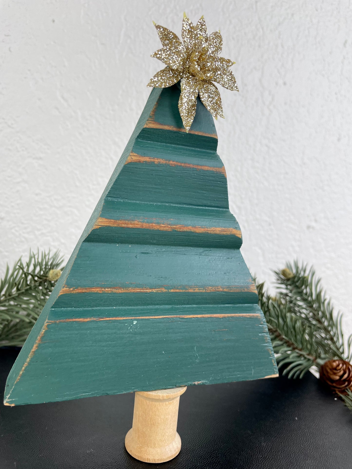 Upcycled Small Vintage Trim Forest Green Christmas Tree with Gold Poinsettia
