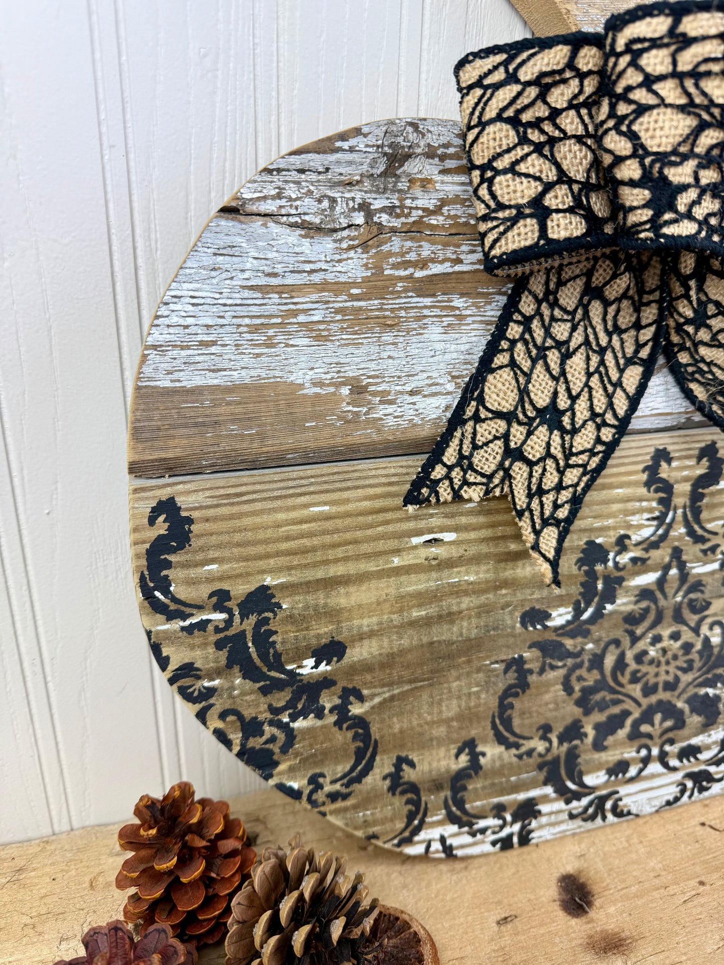 Handmade Chippy Barn Wood Pumpkin with Black Details