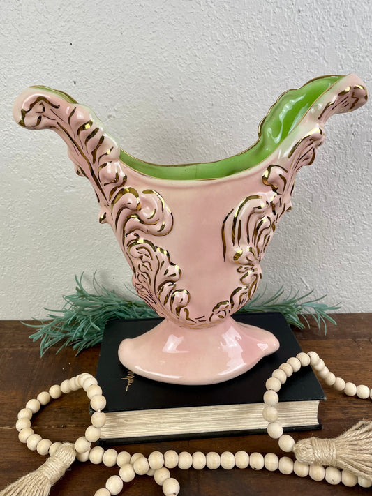 Vintage Pink Ceramic Vase with Gold Raised Details