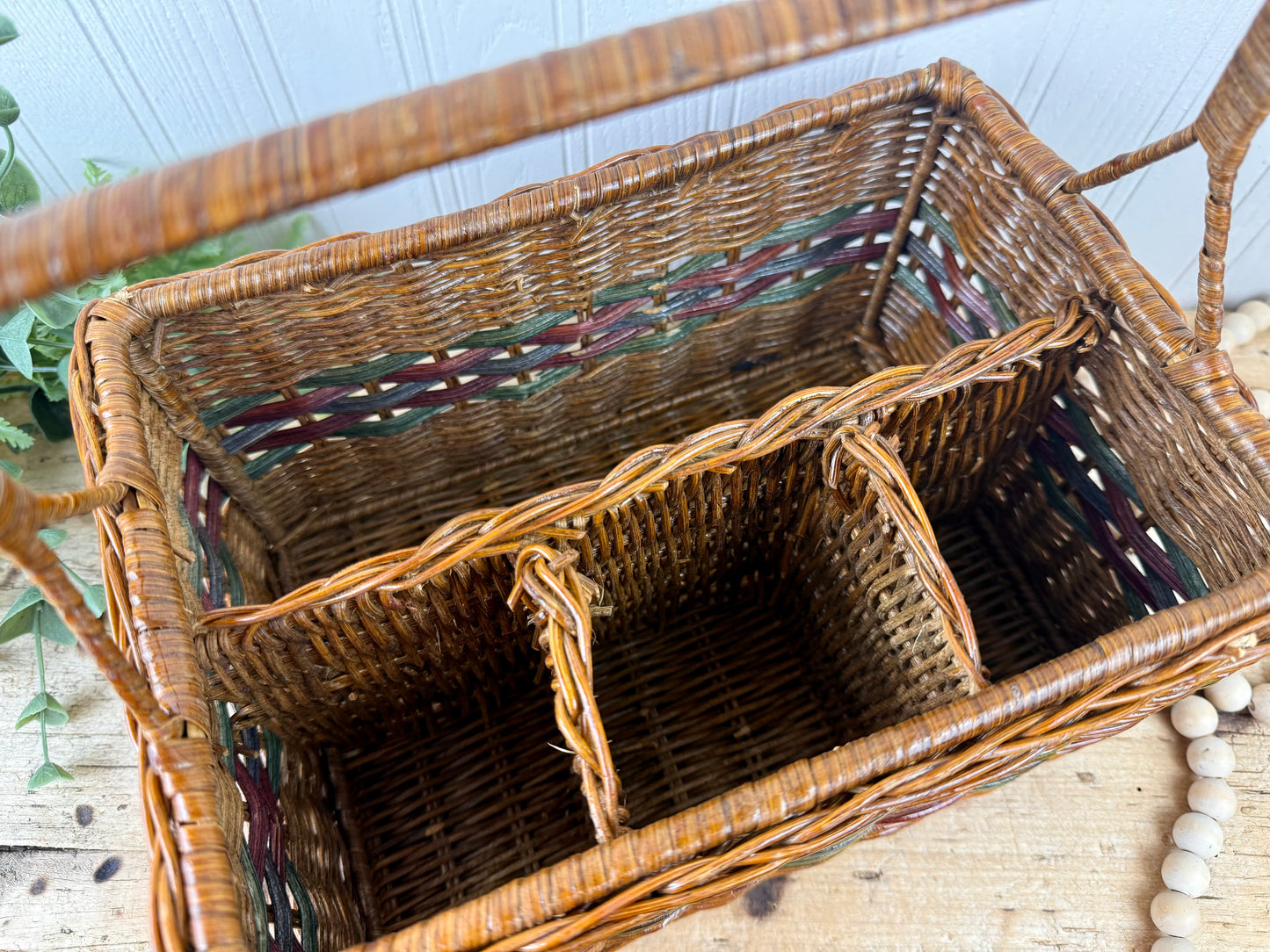 Vintage Divided Wicker Carrying Basket
