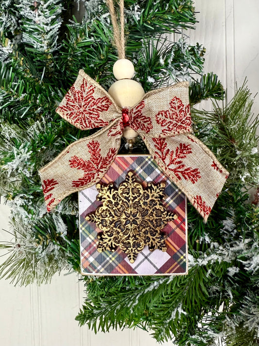 Handmade Wood Block Ornament- Red Plaid with Gold Snowflake