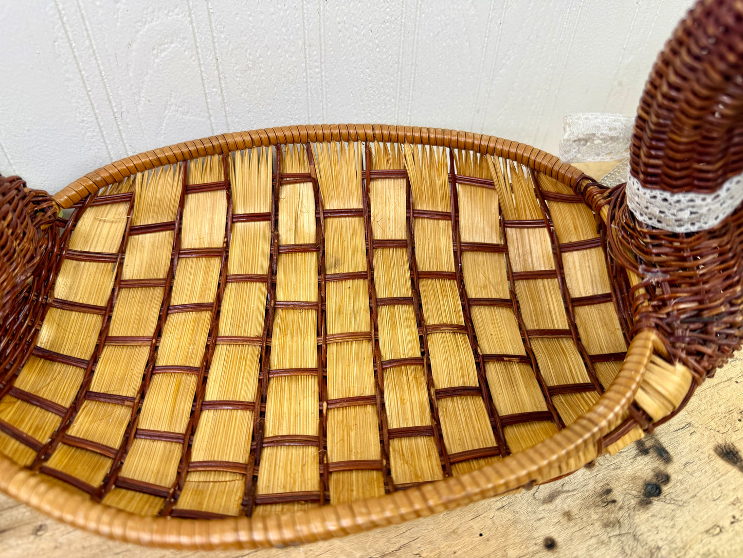 Vintage Wicker Duck Basket with Lace Bow