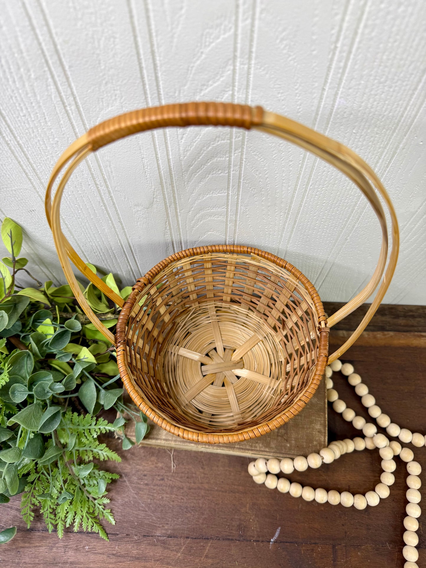 Vintage Two-Toned Wicker Basket with Handle