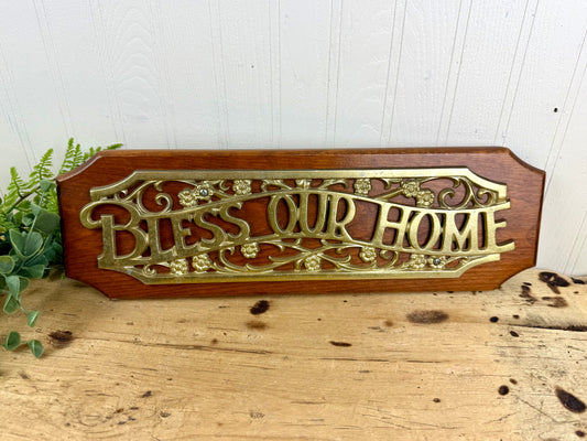 Vintage Wood & Metal "Bless Our Home" Wall Plaque
