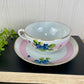 Vintage Hand Painted Blue Floral & Pink Striped Nippon Teacup & Saucer Set