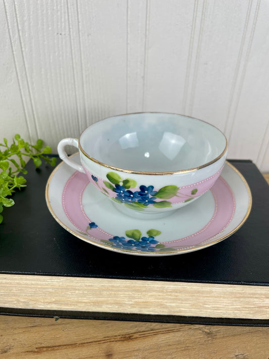 Vintage Hand Painted Blue Floral & Pink Striped Nippon Teacup & Saucer Set