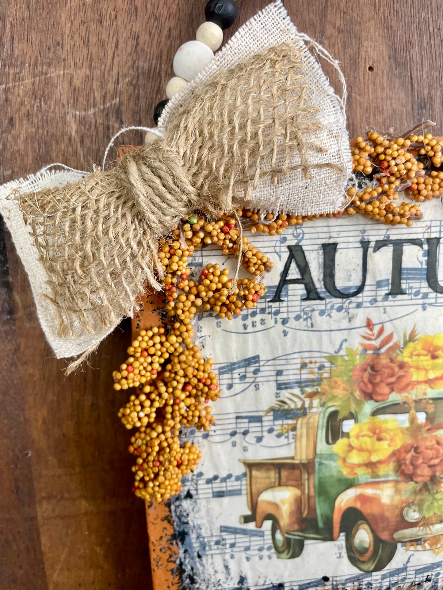 Handmade Upcycled Autumn Sign with Beaded Hanger