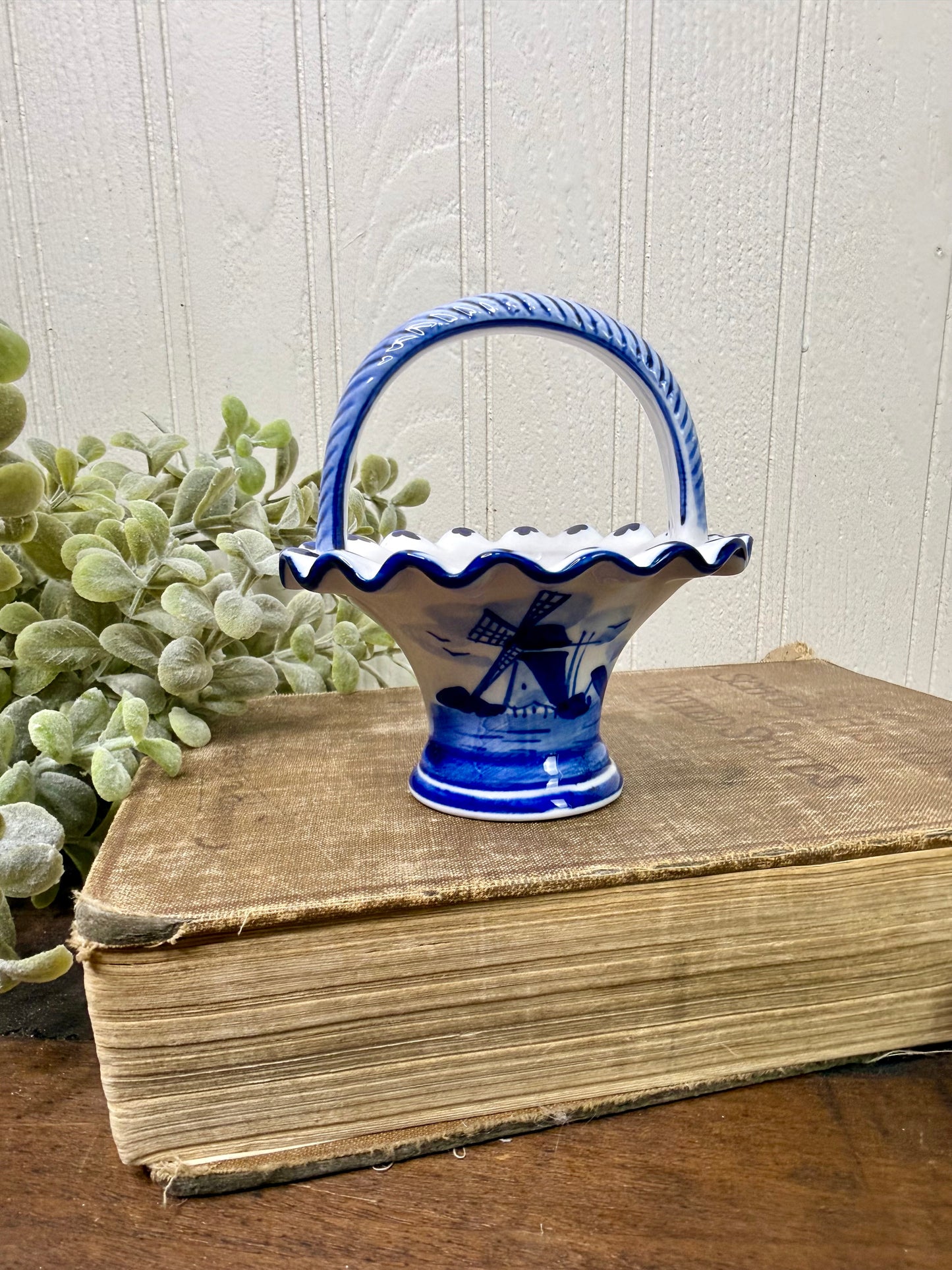 Vintage Delft Blue Hand Painted Porcelain Mini Basket