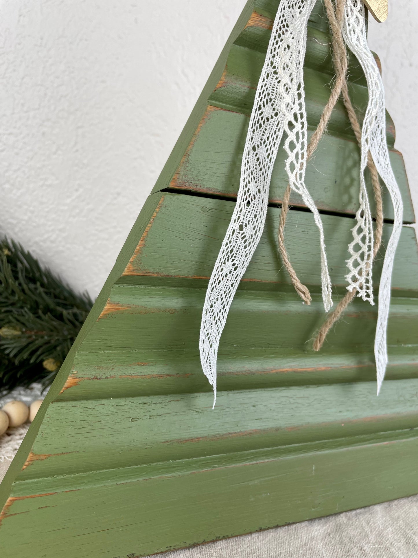 Upcycled Vintage Trim Olive Green Large Christmas Tree with Metallic Star