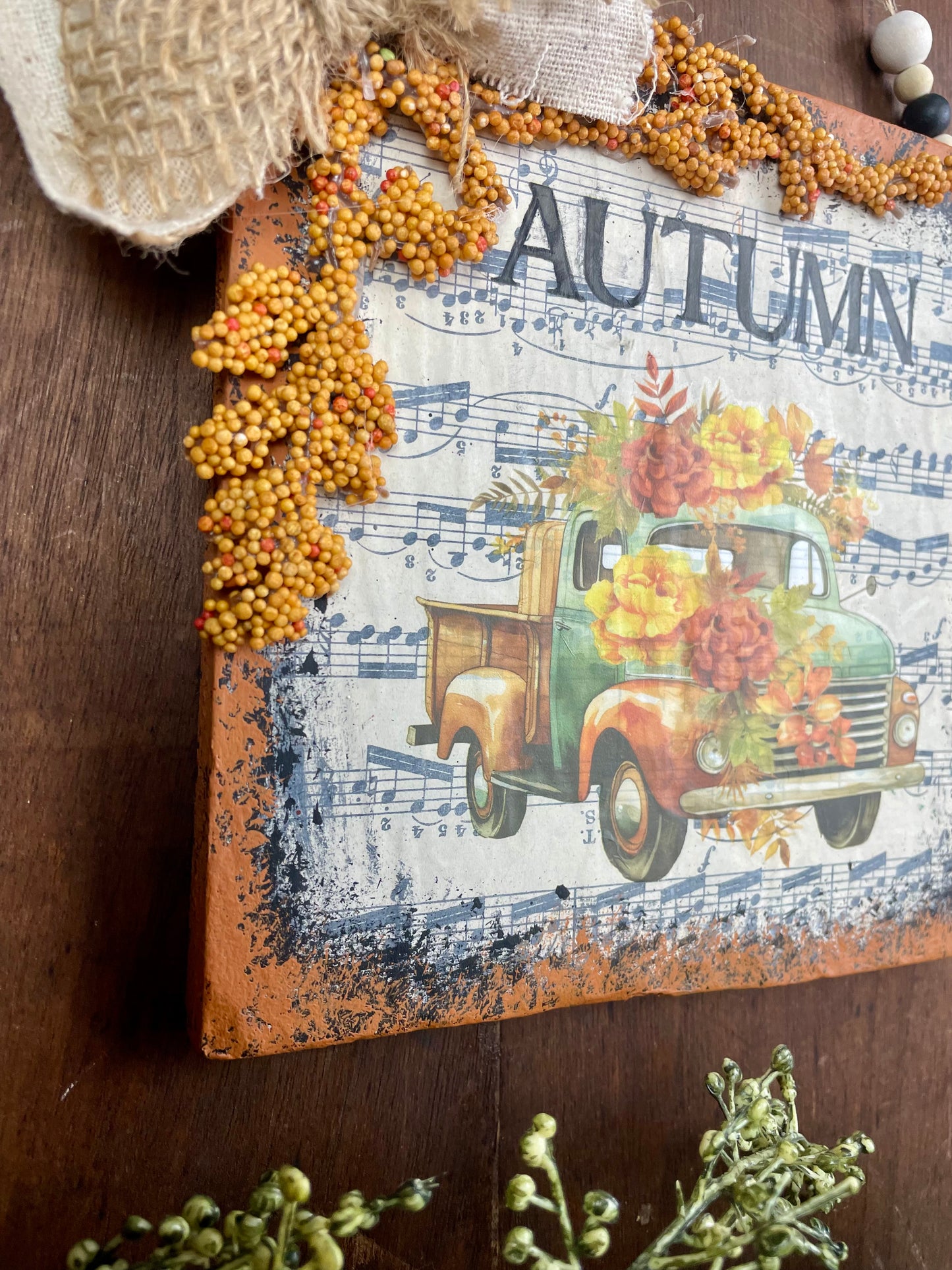 Handmade Upcycled Autumn Sign with Beaded Hanger