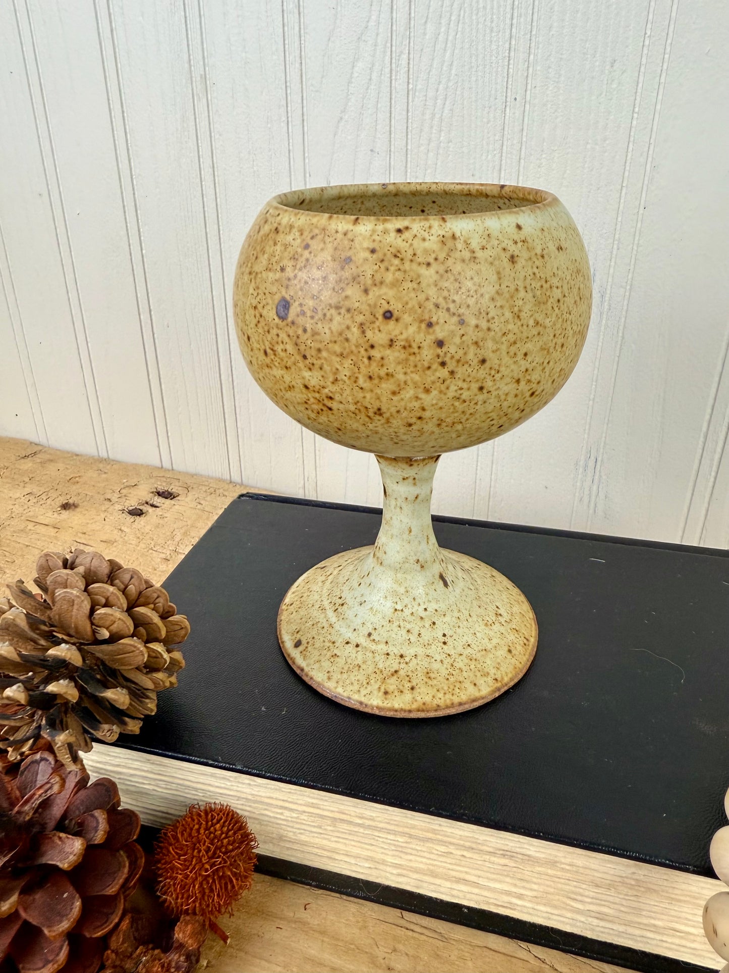 Vintage Handmade Speckled Stoneware Pottery Wine Goblet