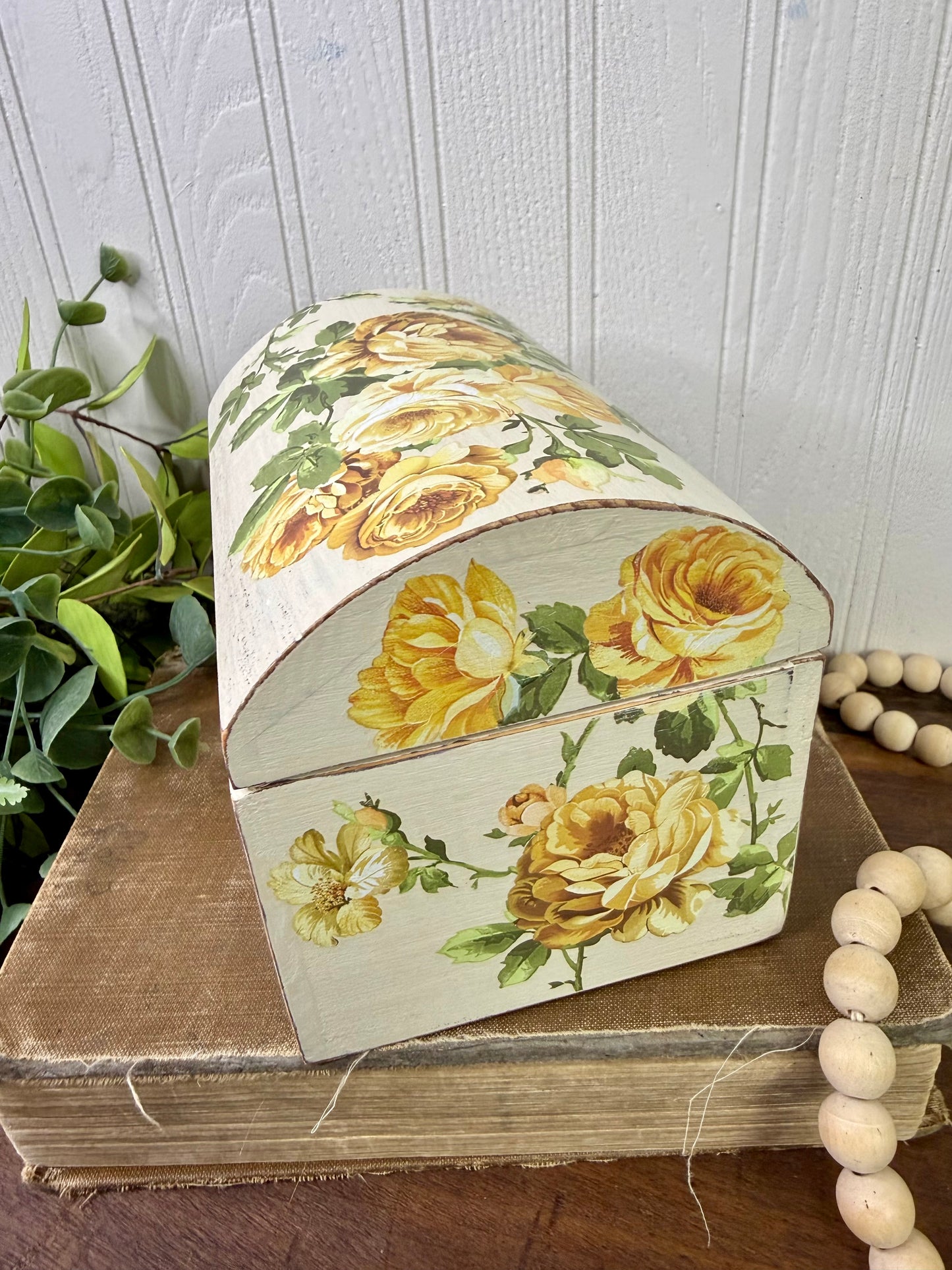 Upcycled Beige Rustic Trinket Box with Yellow Roses