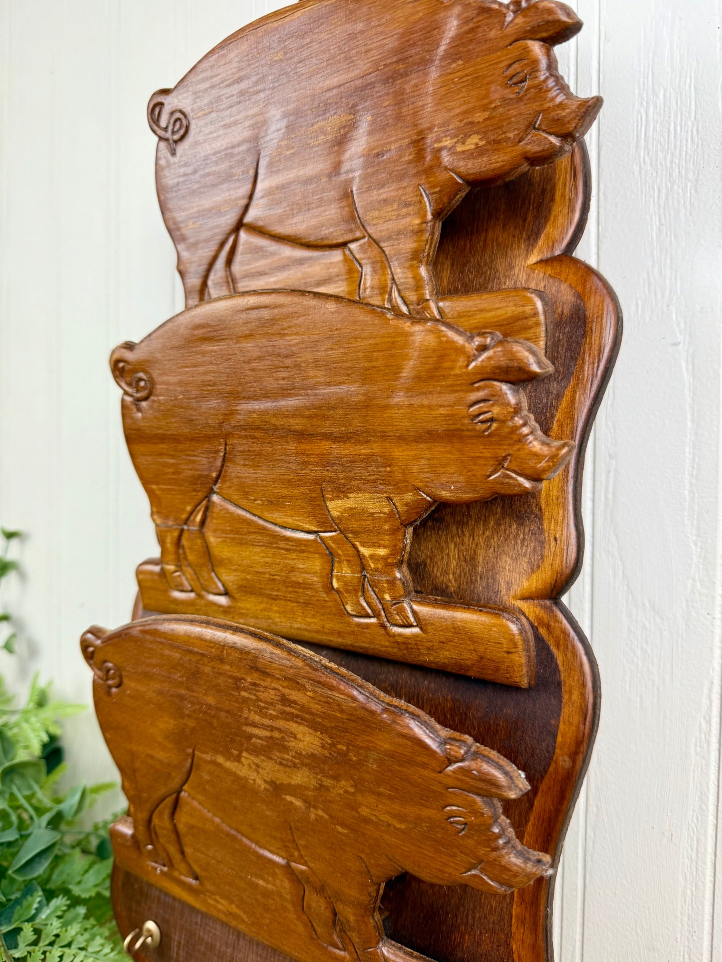 Vintage Farmhouse Wooden Pig Letter Organizer