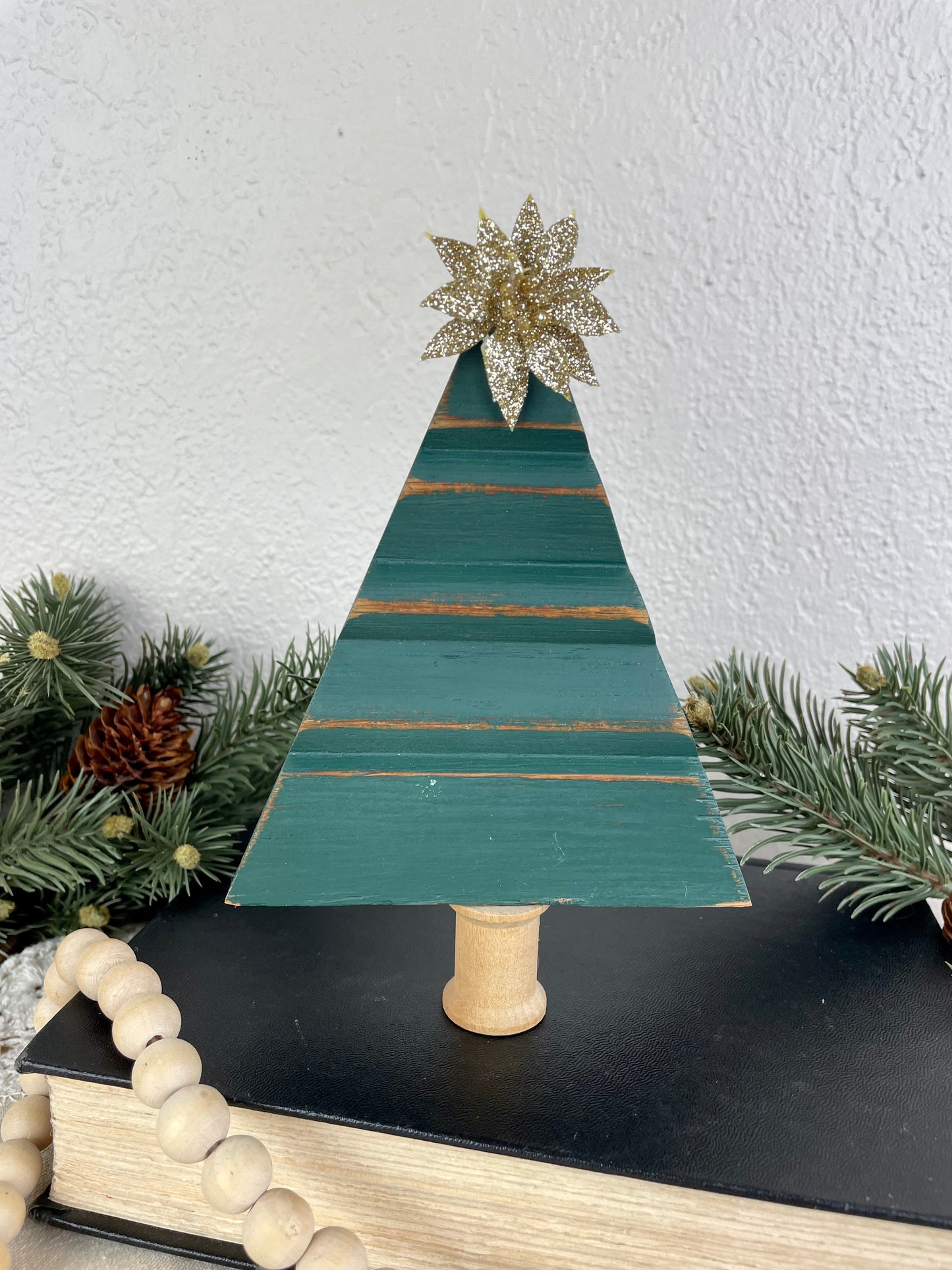 Upcycled Small Vintage Trim Forest Green Christmas Tree with Gold Poinsettia