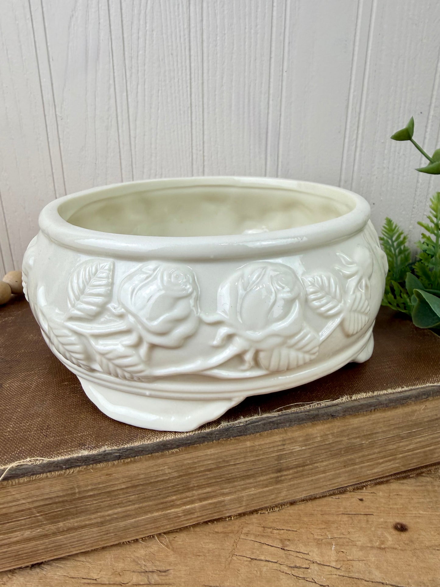 Vintage Ceramic Footed Planter Bowl with Roses