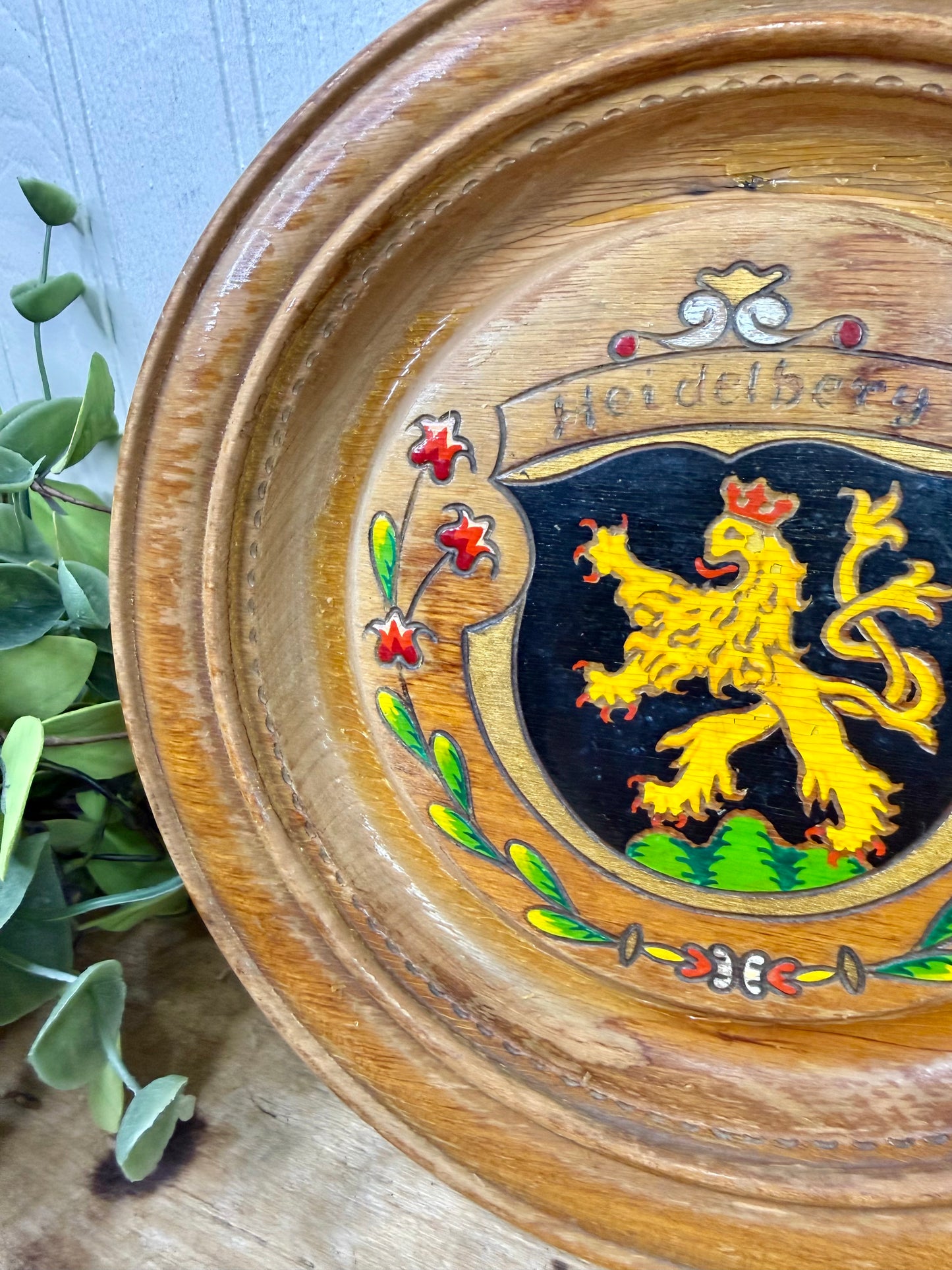 Vintage Hand-Painted Wooden Souvenir Plate from Heidelberg Germany