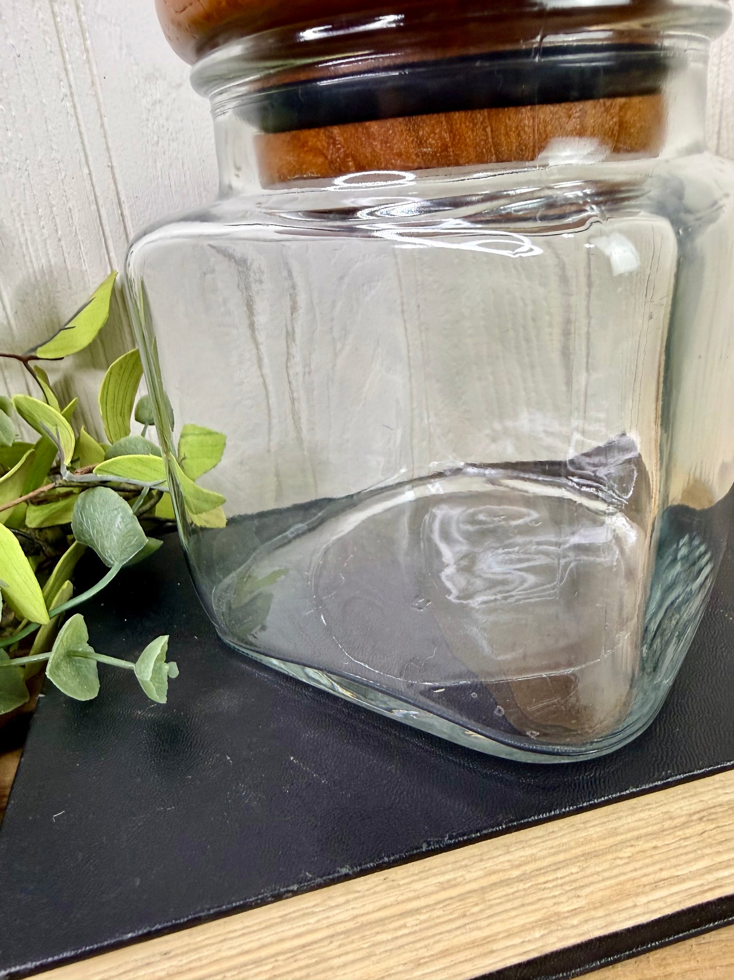 Vintage Dolphin Thailand Glass Canister with Teak Wood Lid
