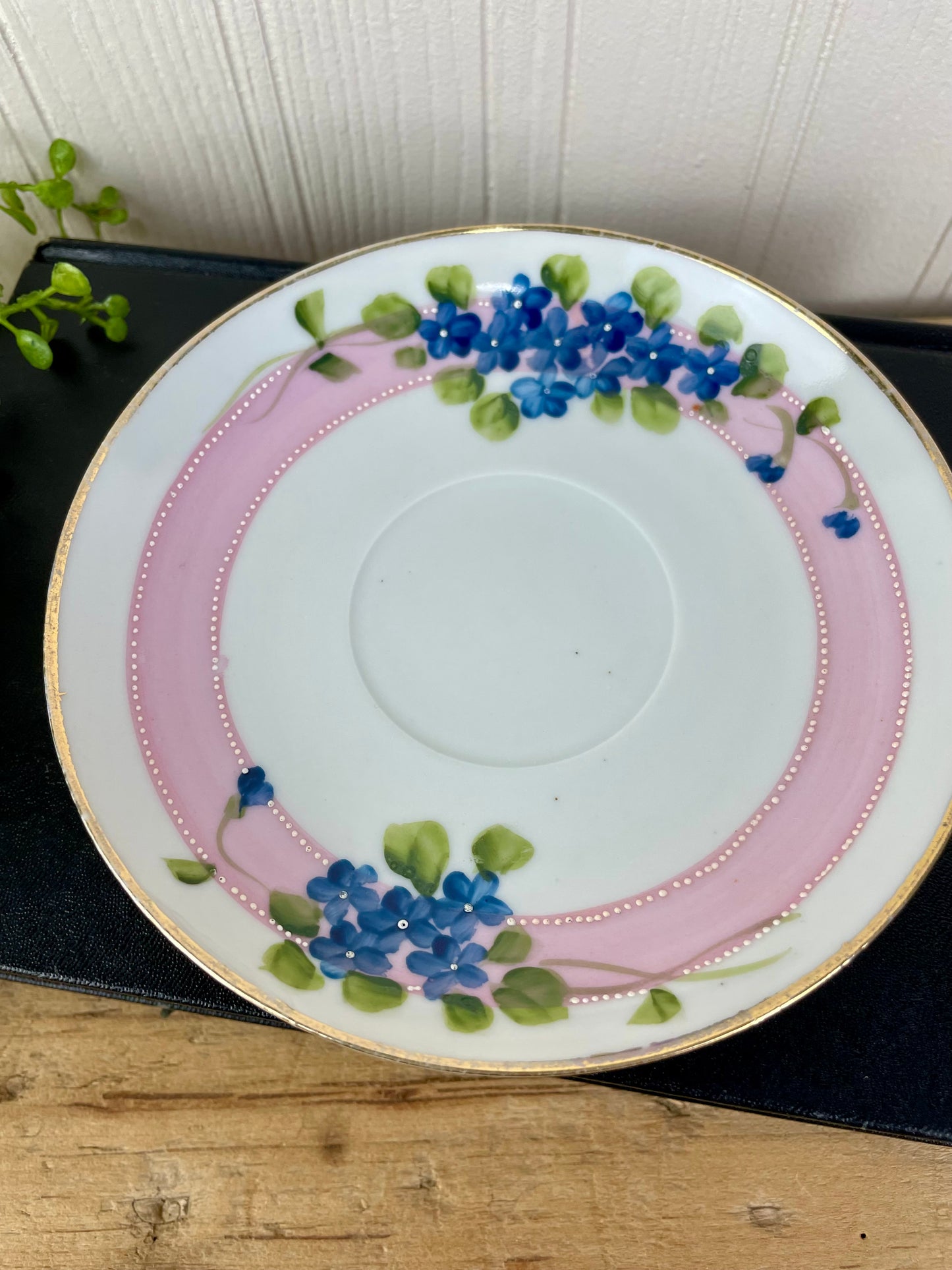 Vintage Hand Painted Blue Floral & Pink Striped Nippon Teacup & Saucer Set