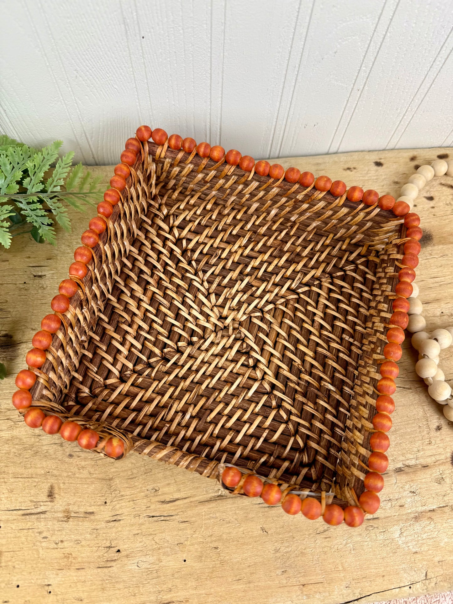 Vintage Wicker Napkin Basket with Beaded Trim