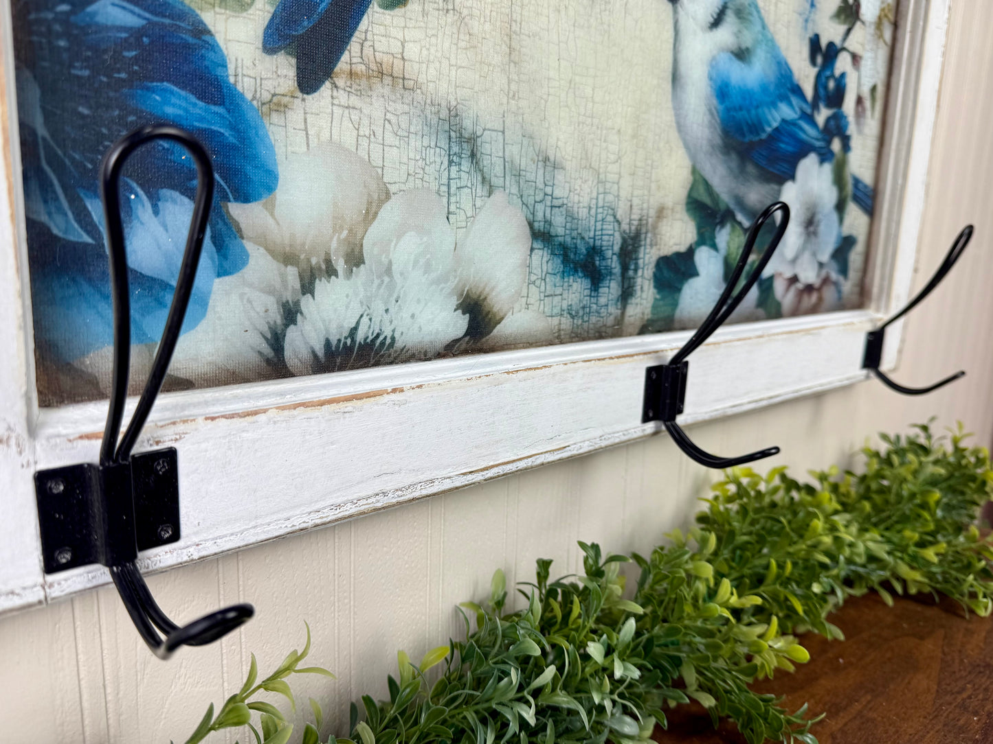 Handmade Upcycled Blue Bird Window Wall Art with Hanging Hooks- Shipping Included