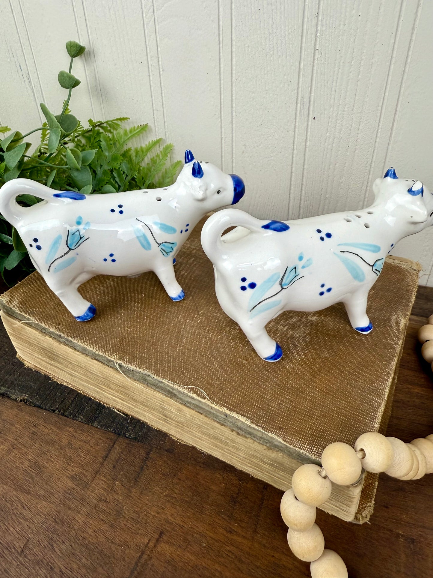 Vintage Enesco Delft-Style Porcelain Cow Salt and Pepper Shakers