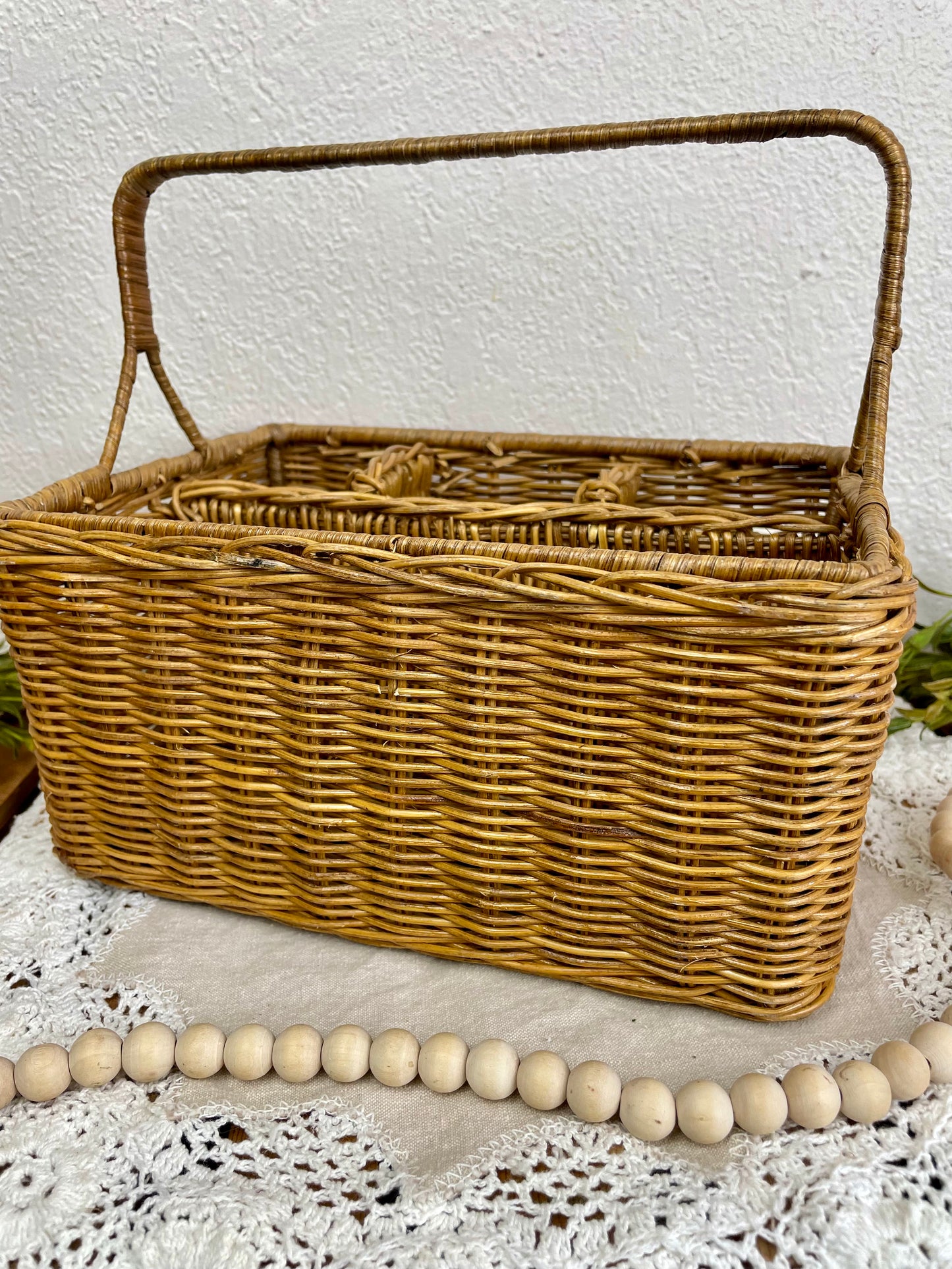 Vintage Wicker Storage Basket with Dividers