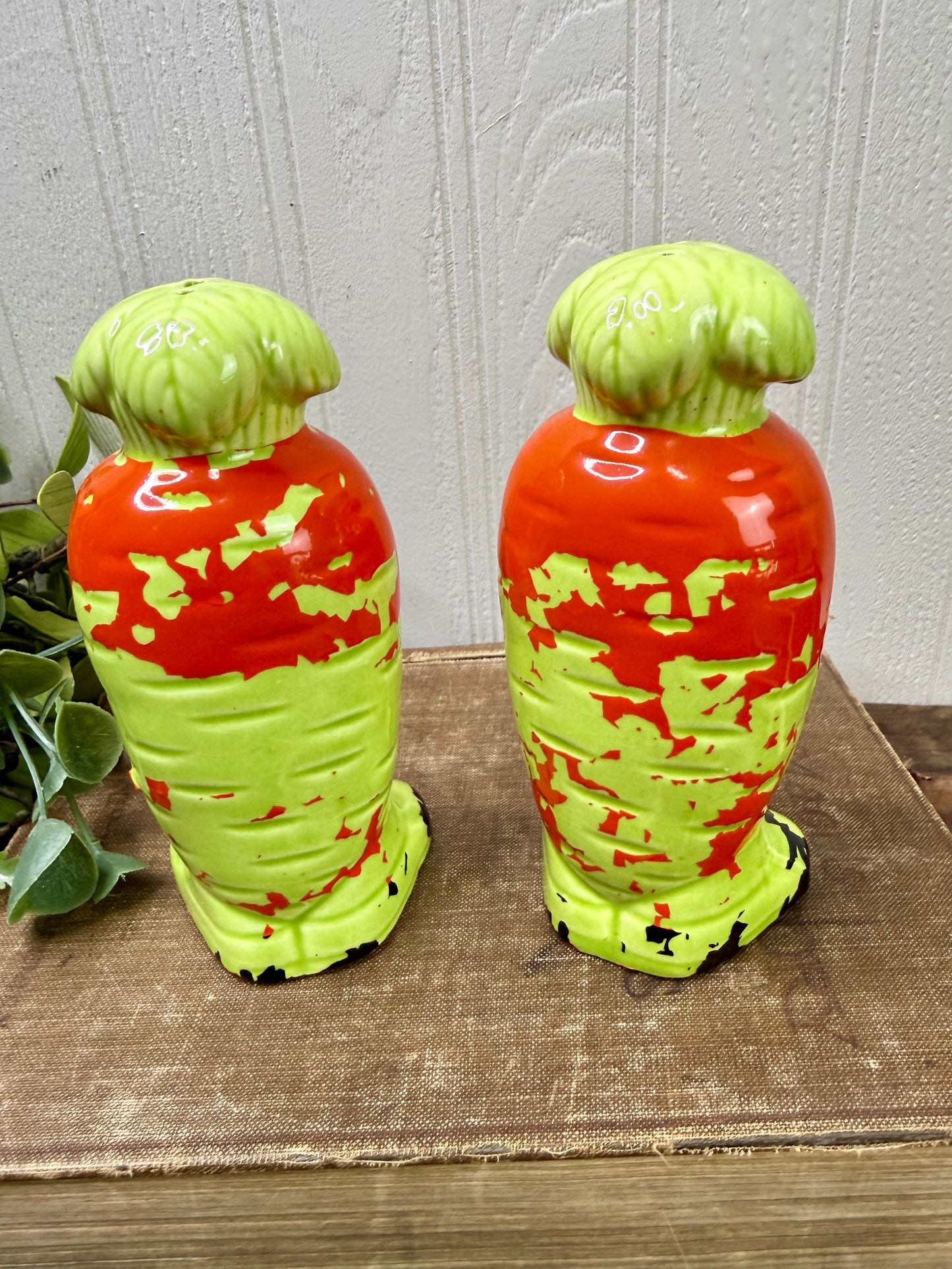 Vintage Mid-Century Carrot Salt & Pepper Shaker Set with Chippy Paint