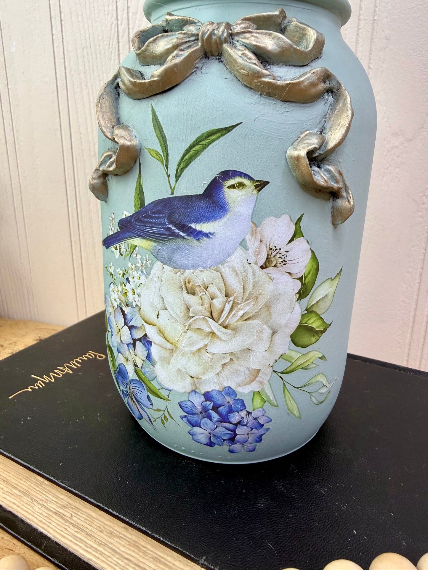 Handmade Upcycled Jar Vase with Blue Birds