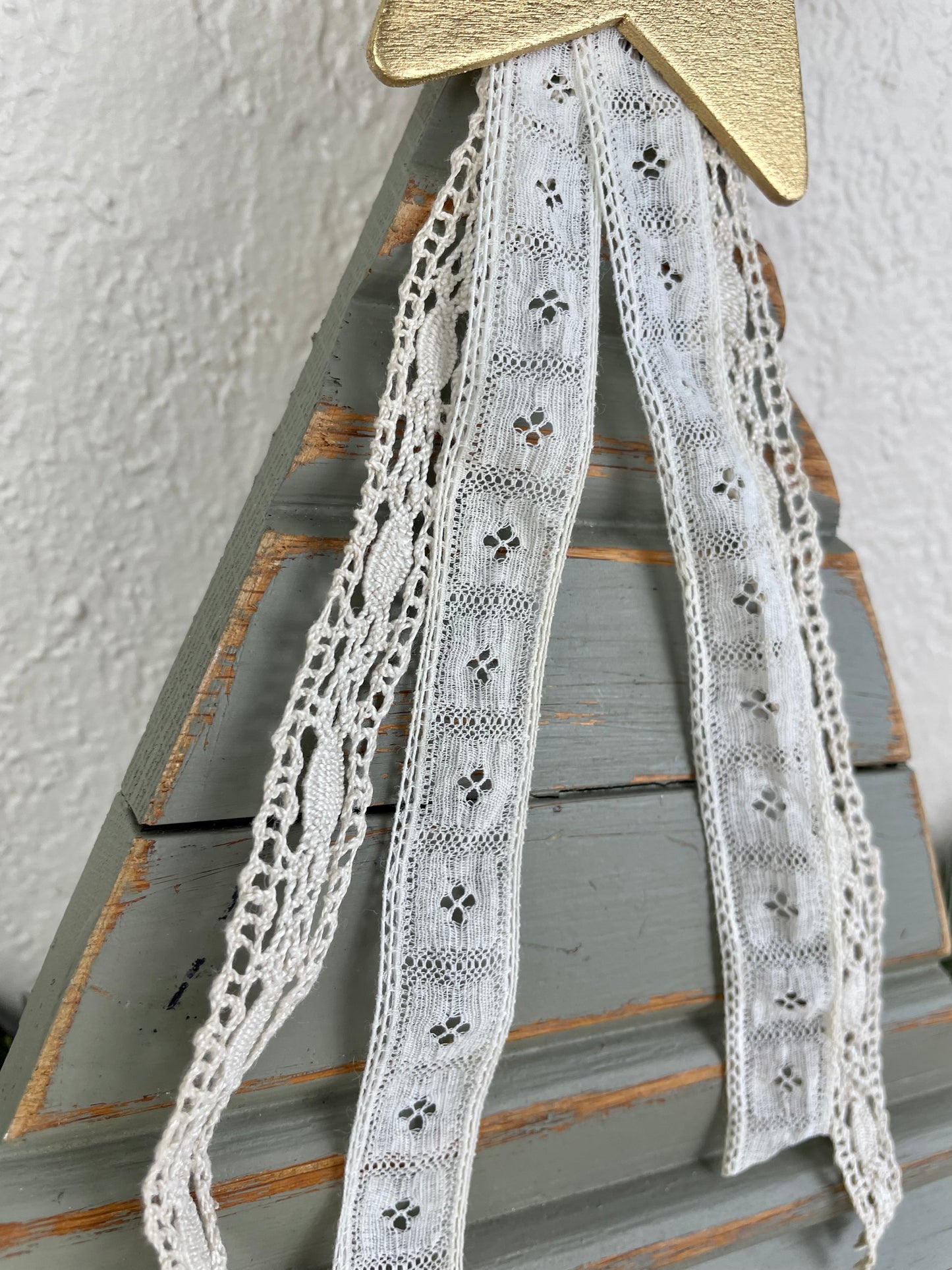 Upcycled Vintage Trim Dusty Sage Large Christmas Tree with Metallic Star