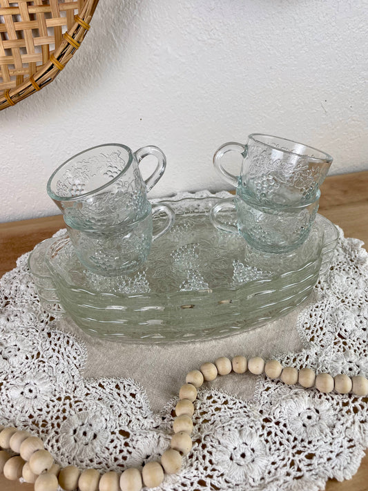 Vintage Anchor Hocking Clear Glass 8-Piece Snack Set with Grape Pattern