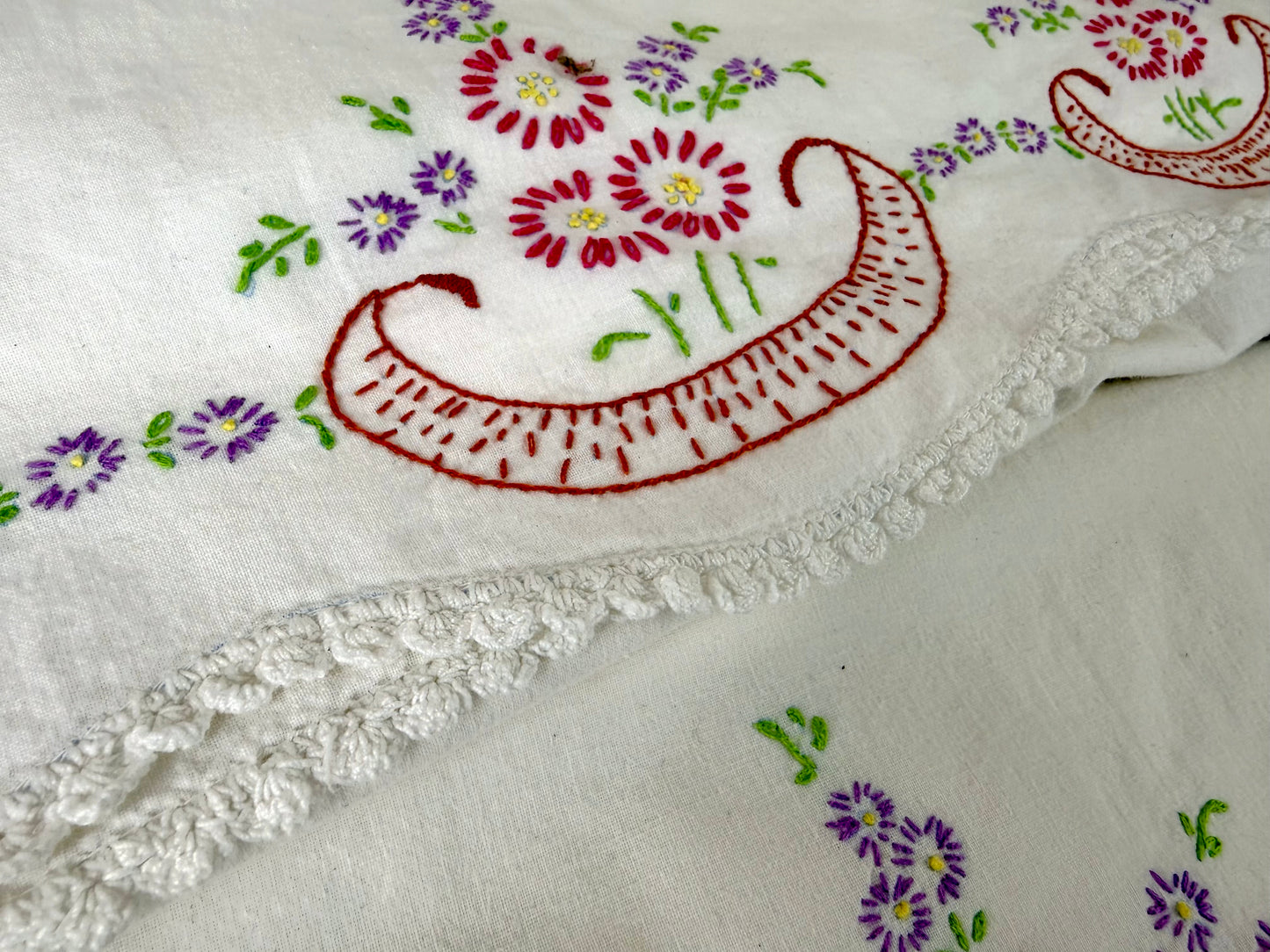 Vintage Hand Embroidered Pillowcase Set- Pink & Purple Florals