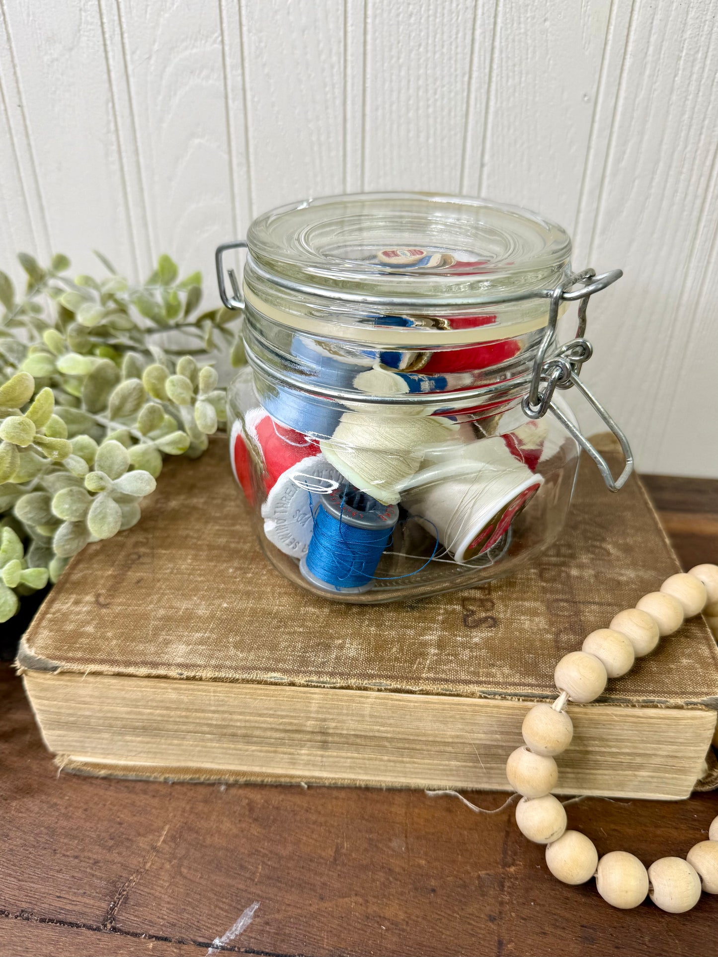 Vintage Glass Clasp Jar with Thread Spools