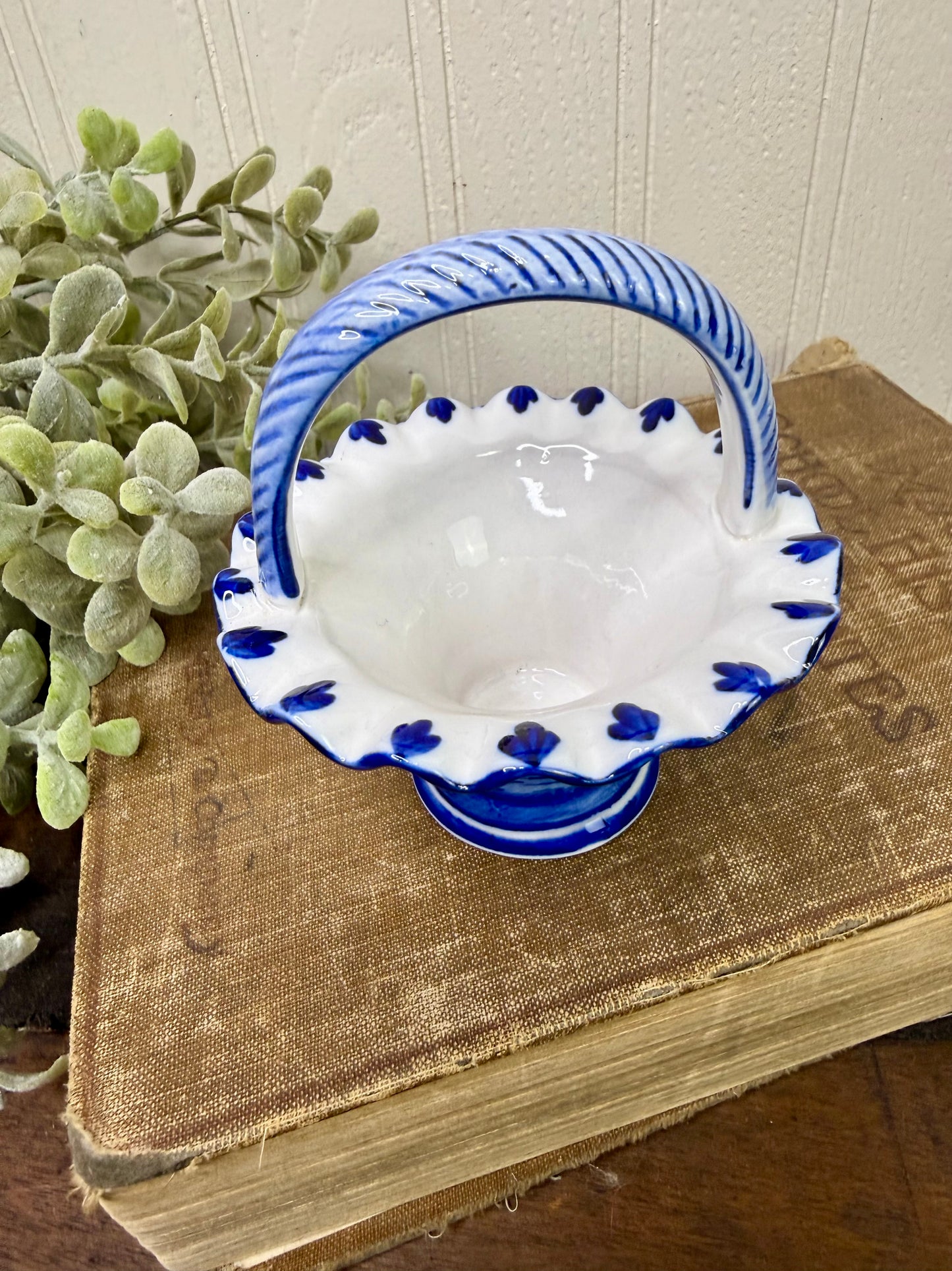Vintage Delft Blue Hand Painted Porcelain Mini Basket