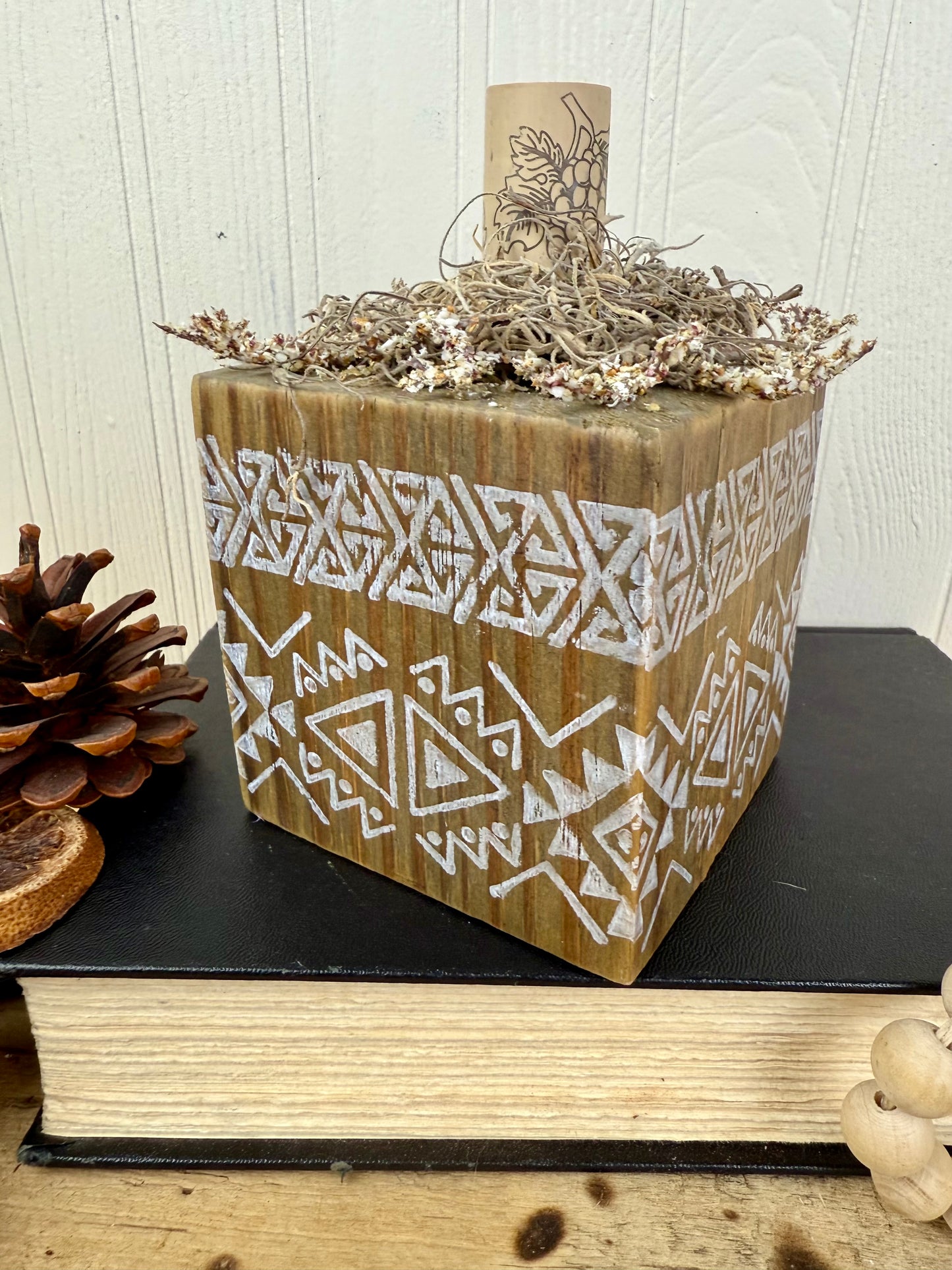 Handmade Reclaimed Wood Tribal Print Block Pumpkin
