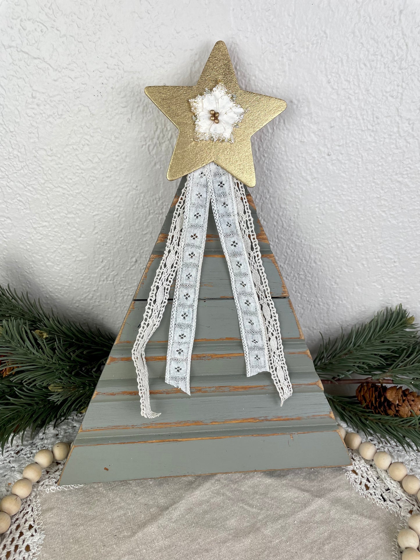 Upcycled Vintage Trim Dusty Sage Large Christmas Tree with Metallic Star
