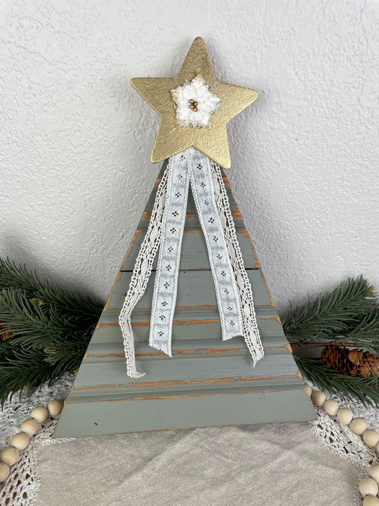 Upcycled Vintage Trim Dusty Sage Large Christmas Tree with Metallic Star