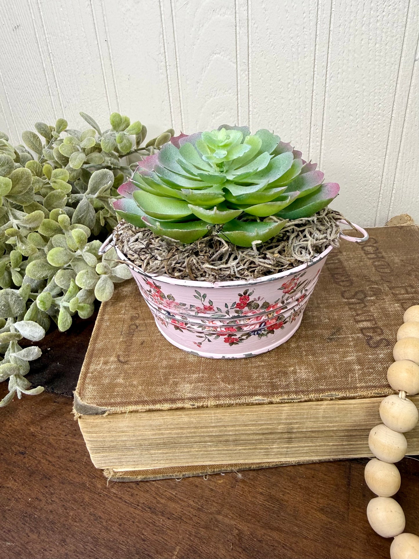 Upcycled Mini Washtub Faux Succulent Plant- Pink
