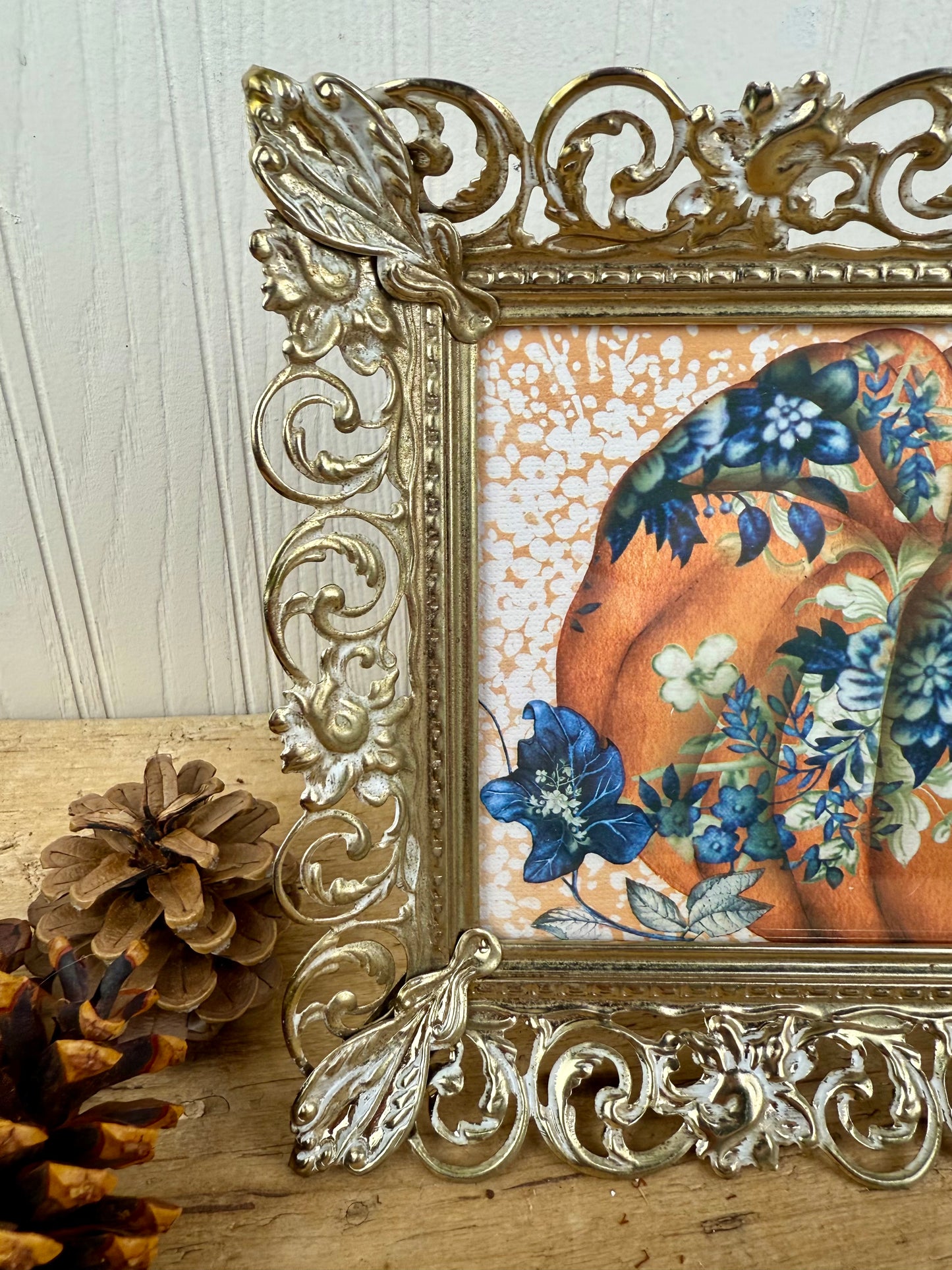 Vintage Brass Frame with Pumpkin Art