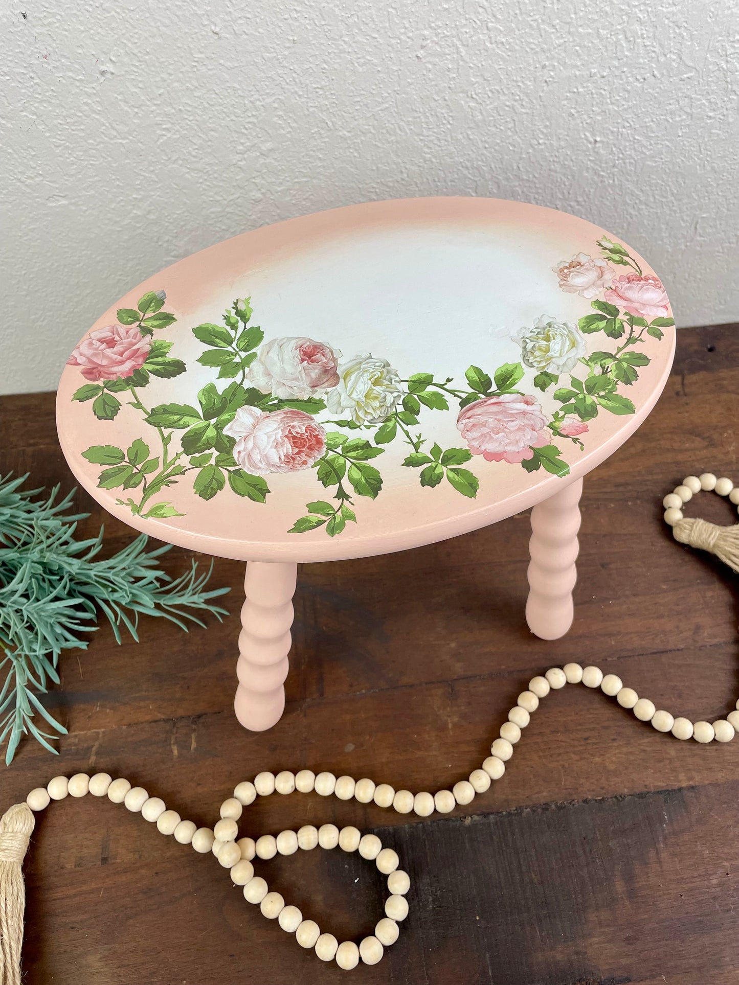 Painted Wooden Milk Stool with Floral Details