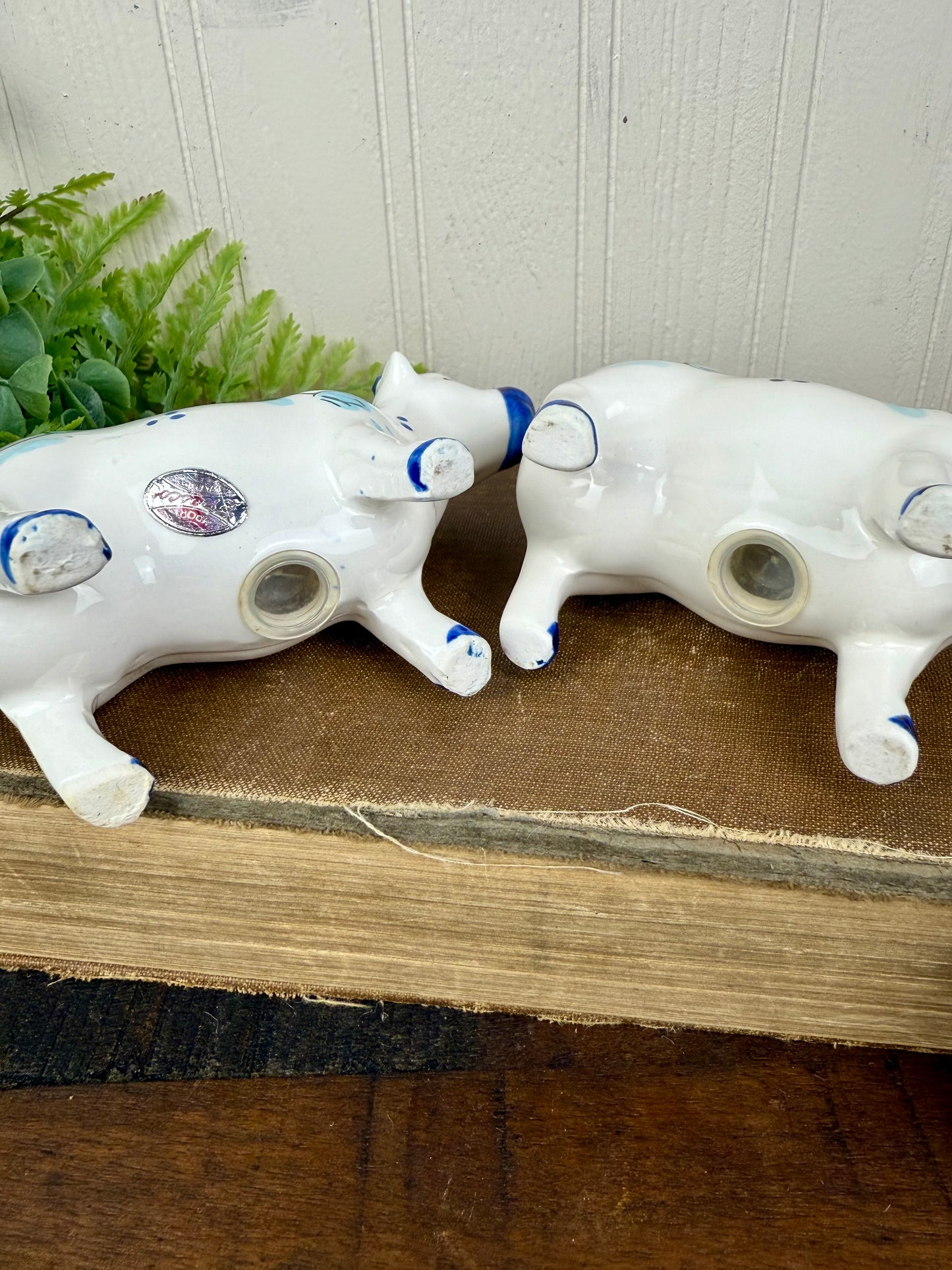 Vintage Enesco Delft-Style Porcelain Cow Salt and Pepper Shakers