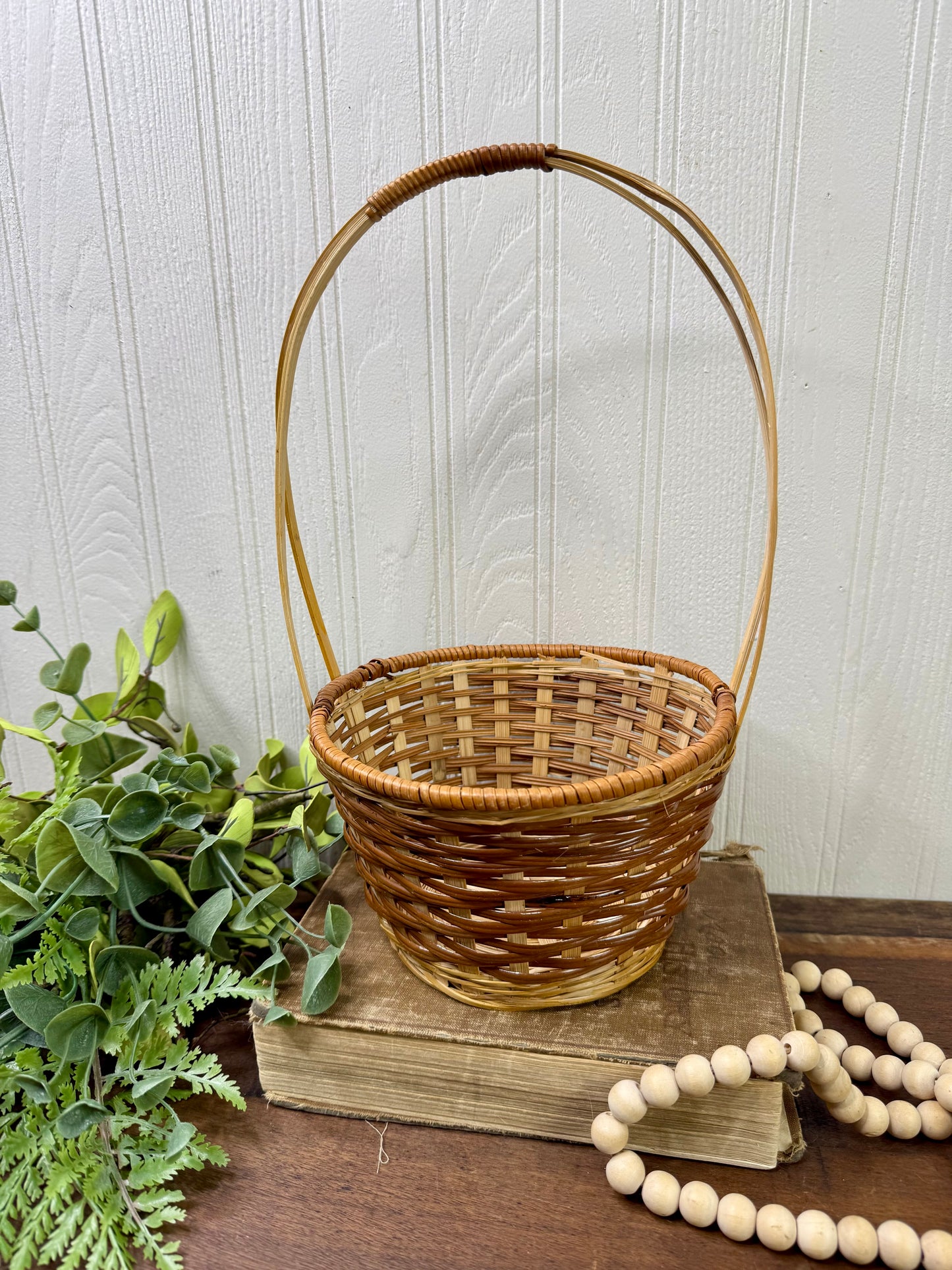 Vintage Two-Toned Wicker Basket with Handle