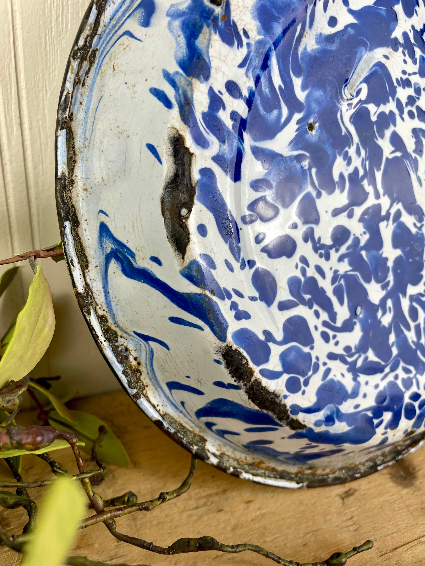 Vintage Blue & White Marbled Enamel Pie Pan