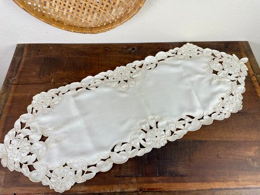 Vintage Ivory Colored Table Runner with Embroidered Details