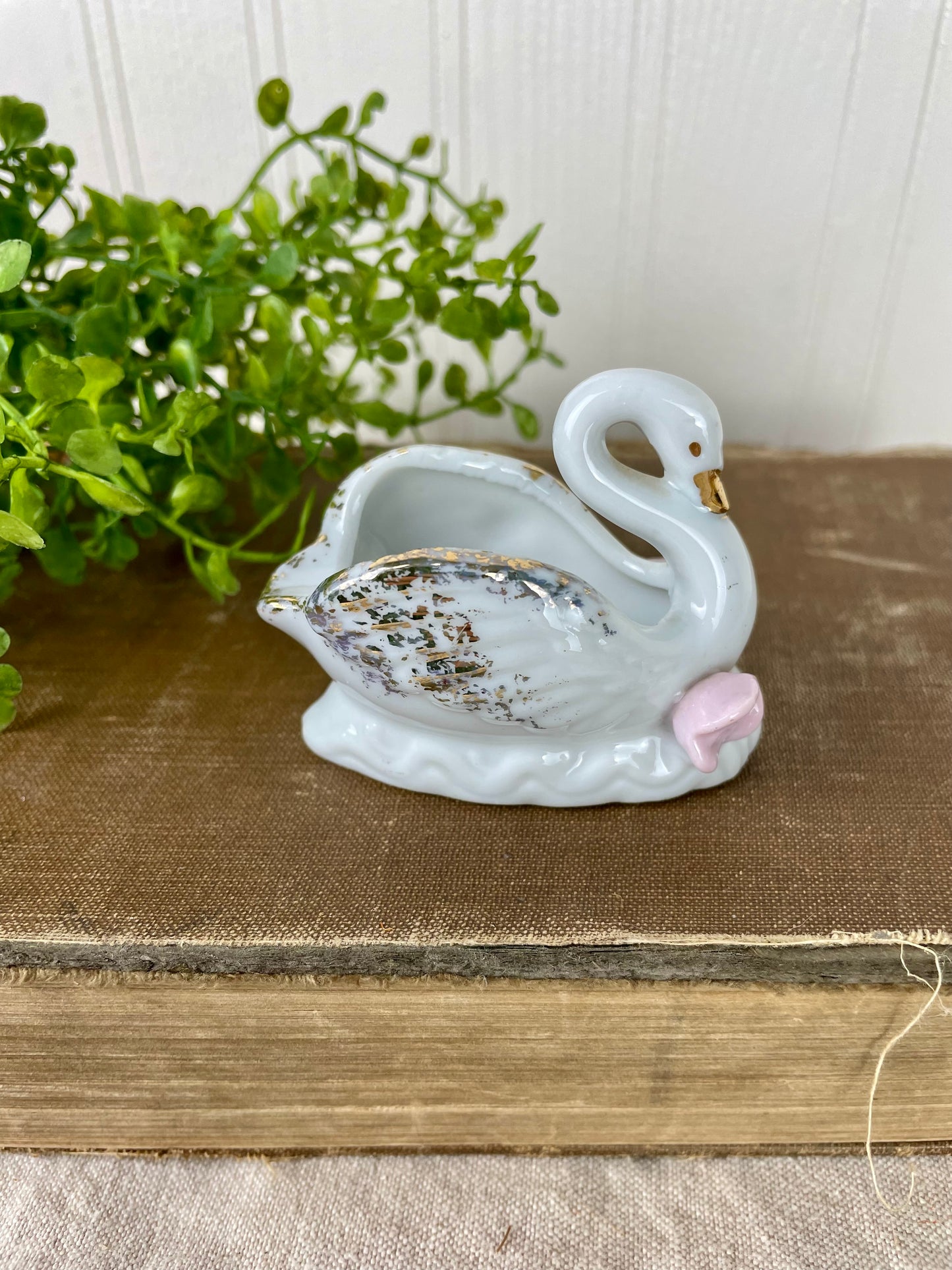 Vintage Porcelain Swan Toothpick Holder with Pink Flowers