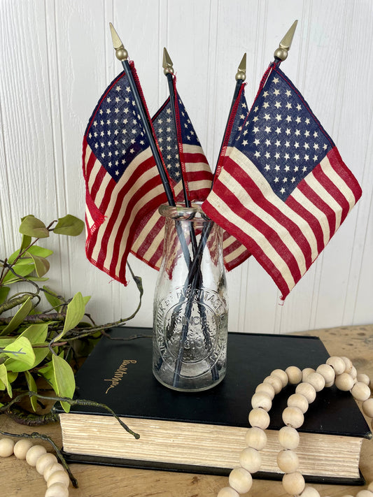 Vintage Pebbled Glass Milk Bottle with Mini Flags