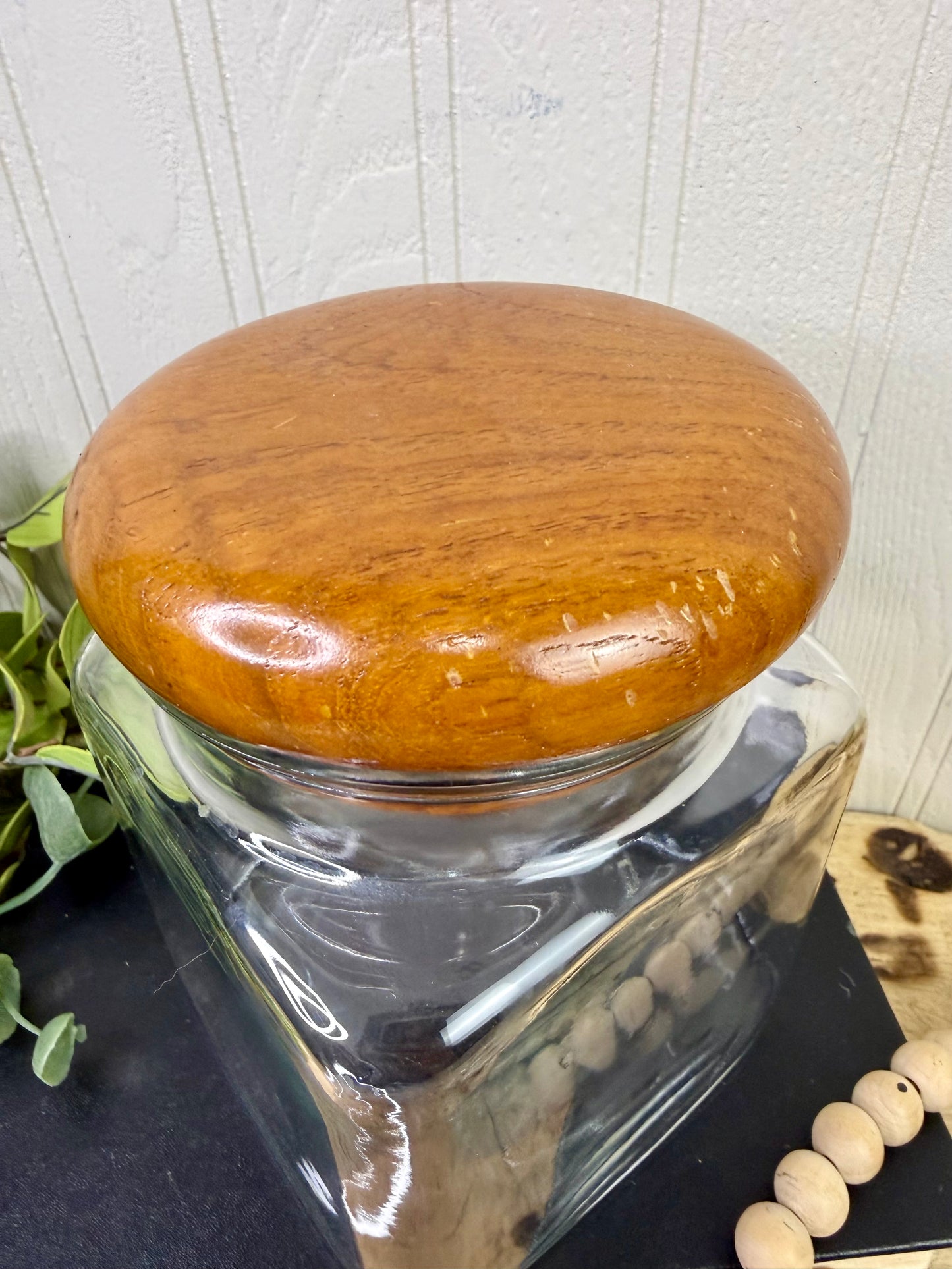 Vintage Dolphin Thailand Glass Canister with Teak Wood Lid