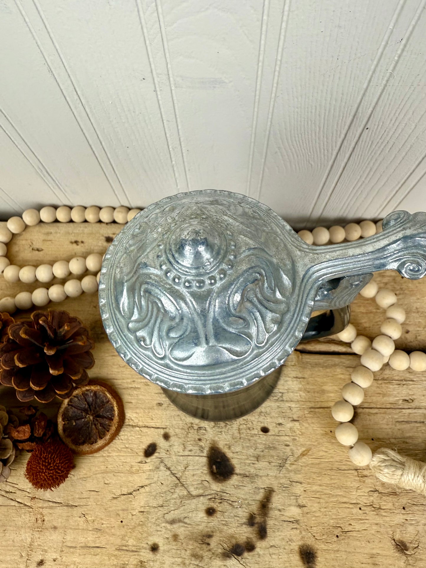 Vintage Black Glass Beer Stein with Pewter Lid